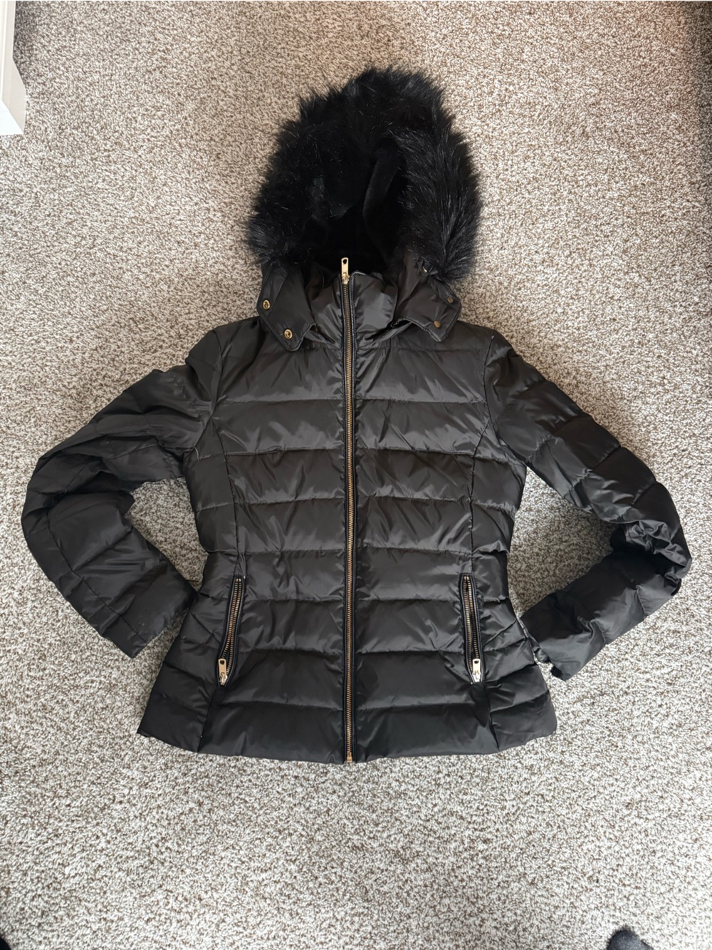 Zara Black Quilted Puffer Jacket with Faux Fur Hood